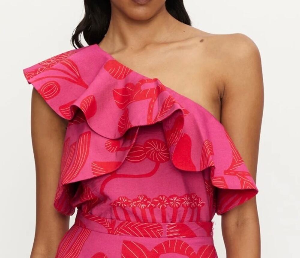 Compania Fantastica Blouse One Shoulder Pink Floral Ruffle Top